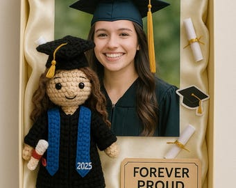 Custom graduation doll gift box, personalized crochet grad keepsake, mini me graduate plush, handmade senior gift