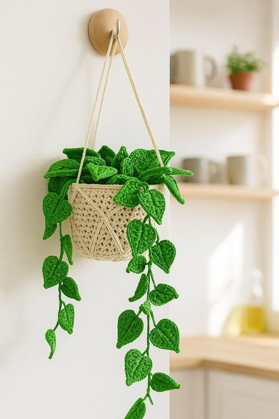 Crochet Hanging Plant, Fake Plant Decor, Boho Wall Greenery, Macrame Basket Gift