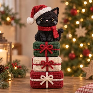 Könnte beinhalten: Eine schwarze Häkelkatze mit einer rot-weißen Weihnachtsmütze und einem roten Schal, die auf einem vertikalen Stapel aus drei gehäkelten Geschenkboxen sitzt. Die Geschenke sind grün, cremefarben und rot und haben jeweils kontrastierende Schleifen.