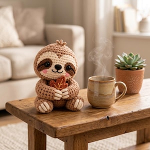 Op de afbeelding: Een gehaakte luiaard knuffel met lichtbruine vacht, een crèmekleurig gezicht, donkerbruine oogvlekken en roze wangen, die een klein oranje herfstblad vasthoudt. Daarnaast staat een keramische mok met stoom en een groene vetplant.