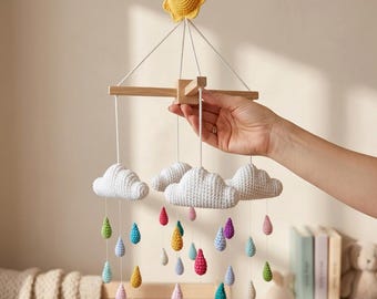 Crochet Clouds Raindrops Mobile, Rainbow Nursery Decor, Baby Shower Gift, Crib Decoration