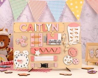Personalized Montessori Busy Board with Name Puzzle, Wooden Sensory Toy