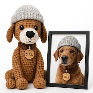 Könnte beinhalten: Ein gehäkelter brauner Hund mit einer grauen Mütze und einem Holzschild mit der Aufschrift "MAX". Daneben ein gerahmtes Foto eines Hundes mit derselben Mütze und demselben Schild. Der Hund auf dem Foto ist braun mit Schlappohren.