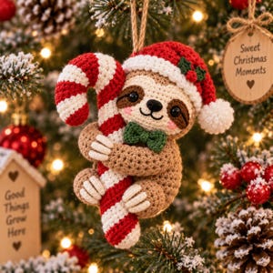 Peut inclure: Une décoration en crochet représentant un paresseux portant un bonnet de Père Noël rouge et blanc avec un nœud papillon vert, tenant une grande canne en sucre rayée rouge et blanche. Le paresseux a un pelage brun clair et un nez noir.