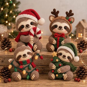 Puede incluir: Cuatro figuras de perezosos tejidas a ganchillo con motivos navideños. Uno lleva un gorro de Papá Noel rojo y sostiene un bastón de caramelo. Uno lleva astas de reno y sostiene un regalo verde. Uno sostiene luces. Uno lleva un gorro verde y un árbol.
