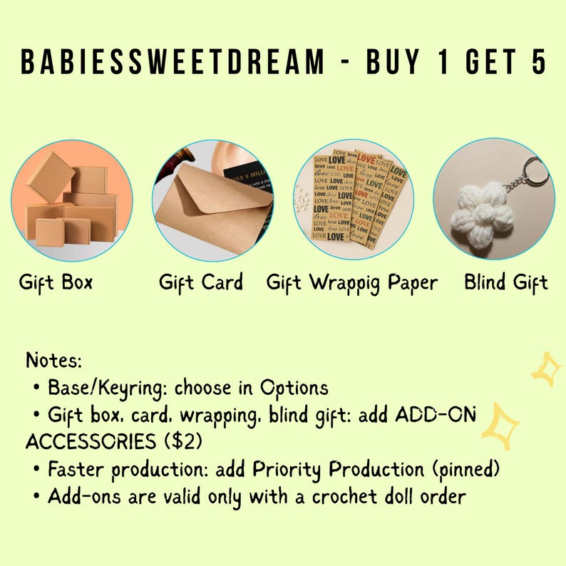 May include: Image features a promotional graphic for BABIESSWEETDREAM, offering a "BUY 1 GET 5" deal. It showcases a gift box, gift card, gift wrapping paper, and a blind gift. Additional notes detail accessory options and production details.