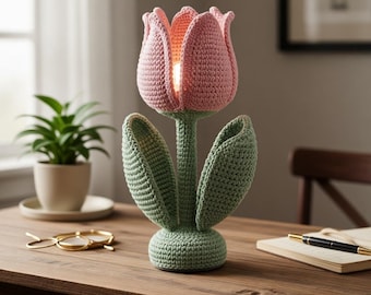 Handmade Crochet Tulip Lamp: Pink Flower Night Light, Bedroom Decor, Cotton Yarn Craft