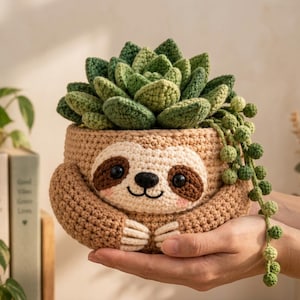 Peut inclure: Un cache-pot en crochet en forme de paresseux en fil beige clair, avec des taches oculaires marron foncé, un nez noir et une bouche souriante. Il contient une grande succulente en crochet vert et une plante retombante aux petites billes vertes.