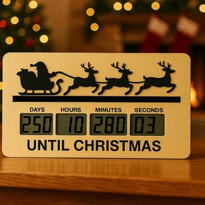 May include: A digital Christmas countdown timer featuring a black silhouette of Santa's sleigh and reindeer. The timer shows the time remaining until Christmas: 250 days, 10 hours, 280 minutes, and 03 seconds. The words "UNTIL CHRISTMAS" are printed below the display.