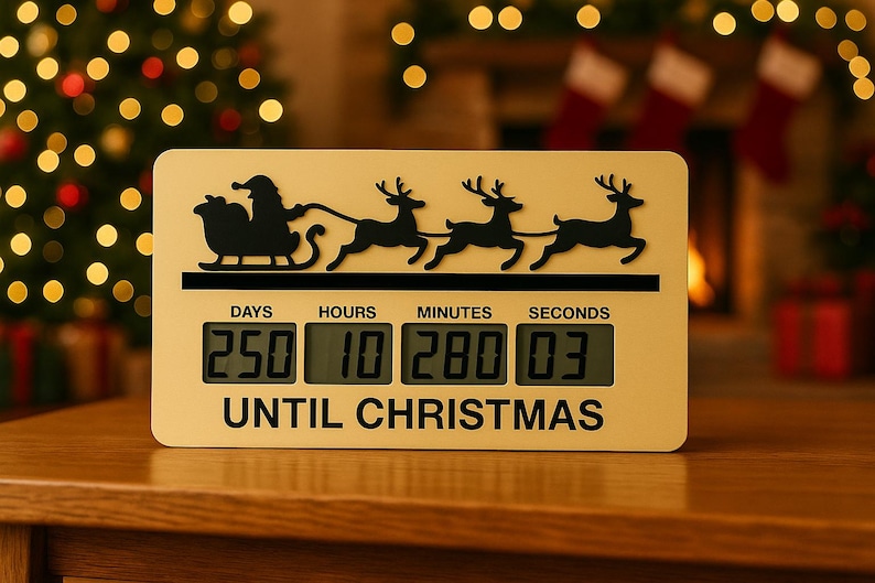 May include: A digital Christmas countdown timer featuring a black silhouette of Santa's sleigh and reindeer. The timer shows the time remaining until Christmas: 250 days, 10 hours, 280 minutes, and 03 seconds. The words "UNTIL CHRISTMAS" are printed below the display.