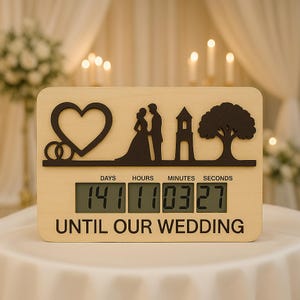 May include: A wooden wedding countdown clock with a heart, rings, a couple, a church, and a tree silhouette. The digital display shows the time remaining until the wedding. The text "UNTIL OUR WEDDING" is printed at the bottom.