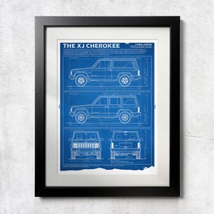 May include: A framed blueprint art print featuring the XJ Cherokee 1984-2001. The blue and white technical drawing displays the vehicle from four angles: side profiles of two-door and four-door models, plus front and rear views with text.