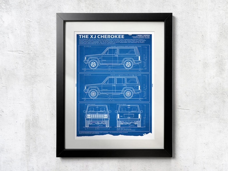 May include: A framed blueprint art print featuring the XJ Cherokee 1984-2001. The blue and white technical drawing displays the vehicle from four angles: side profiles of two-door and four-door models, plus front and rear views with text.