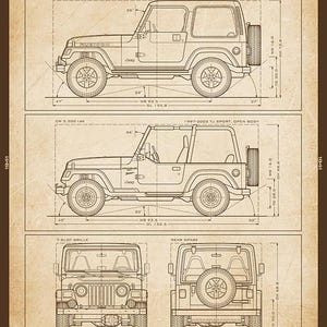 May include: A technical blueprint poster titled The Wrangler TJ 1997-2006 featuring side, front, and rear line drawings of the vehicle. The brown-toned print includes detailed specifications, measurements in inches, and descriptive text about the Jeep.