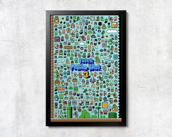 NES Super Mario Brothers 3 Sprite Collage Poster - Wall Print
