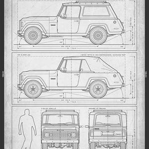 May include: Blueprint-style illustration of the C-104 Commando, a 1972-1973 Jeepster model. The drawing shows the hardtop and canvas top versions, along with front and rear views. Dimensions are in inches, including a wheelbase of 104 inches and an overall length of 172 inches.