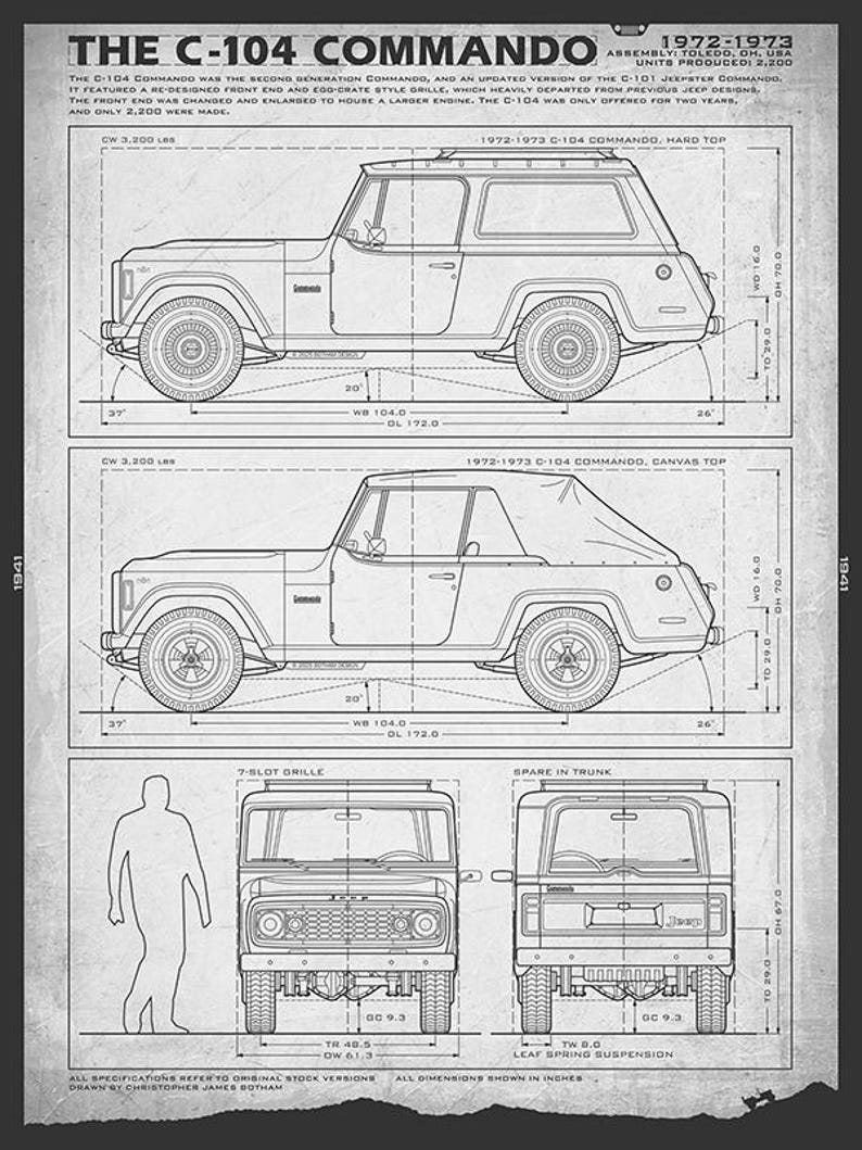 May include: Blueprint-style illustration of the C-104 Commando, a 1972-1973 Jeepster model. The drawing shows the hardtop and canvas top versions, along with front and rear views. Dimensions are in inches, including a wheelbase of 104 inches and an overall length of 172 inches.