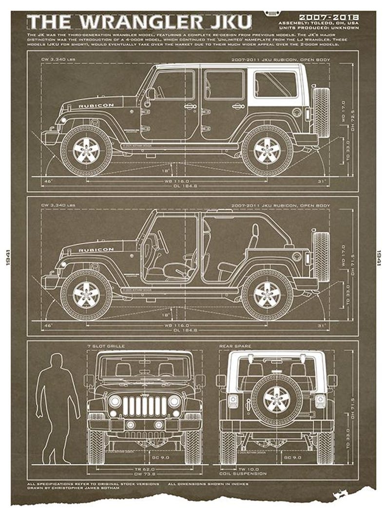 JKU Wrangler Jeep Blueprint - Wall Print Brown