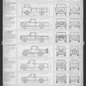 May include: A blueprint-style poster titled "The Evolution of the Jeep Truck" featuring detailed illustrations of various Jeep truck models from 1941 to the JT Gladiator. The poster includes side and front views of each truck.