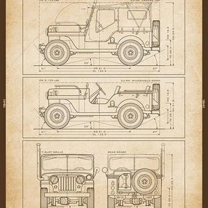 May include: Blueprint-style illustration of a 1951 CJ-4M Jeep, with side and front views and dimensions in inches. The drawing includes details of the canvas top, windshield down, and rear spare tyre. The text reads "The CJ-4M Jeep."