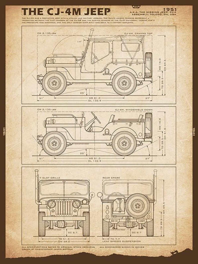 May include: Blueprint-style illustration of a 1951 CJ-4M Jeep, with side and front views and dimensions in inches. The drawing includes details of the canvas top, windshield down, and rear spare tyre. The text reads "The CJ-4M Jeep."