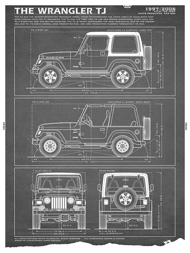 TJ Wrangler Jeep Blueprint - Wall Print Grey