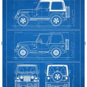 May include: A blue blueprint technical drawing of the Jeep Wrangler TJ, featuring side, front, and rear views with technical specifications, dimensions in inches, and descriptive text detailing the 1997-2006 model years and production history.