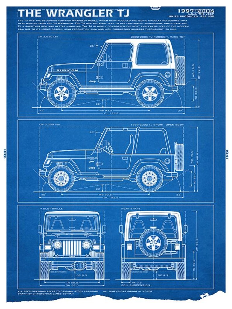 May include: A blue blueprint technical drawing of the Jeep Wrangler TJ, featuring side, front, and rear views with technical specifications, dimensions in inches, and descriptive text detailing the 1997-2006 model years and production history.