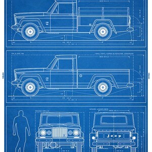 J-2000 Gladiator Jeep Blueprint: niet-ingelijste muurafdruk Blauw