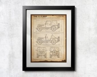 CJ-7 Jeep Blueprint: niet-ingelijste muurafdruk