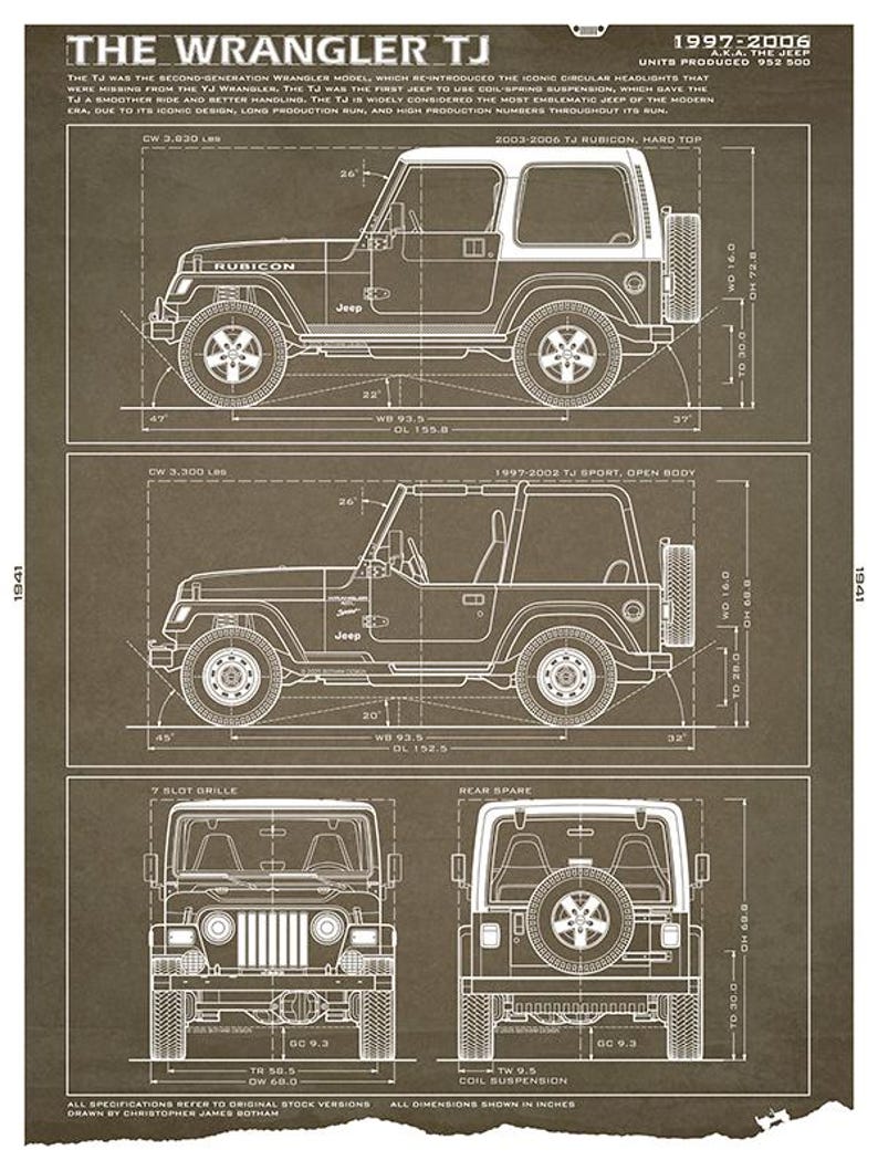 TJ Wrangler Jeep Blueprint - Wall Print Brown