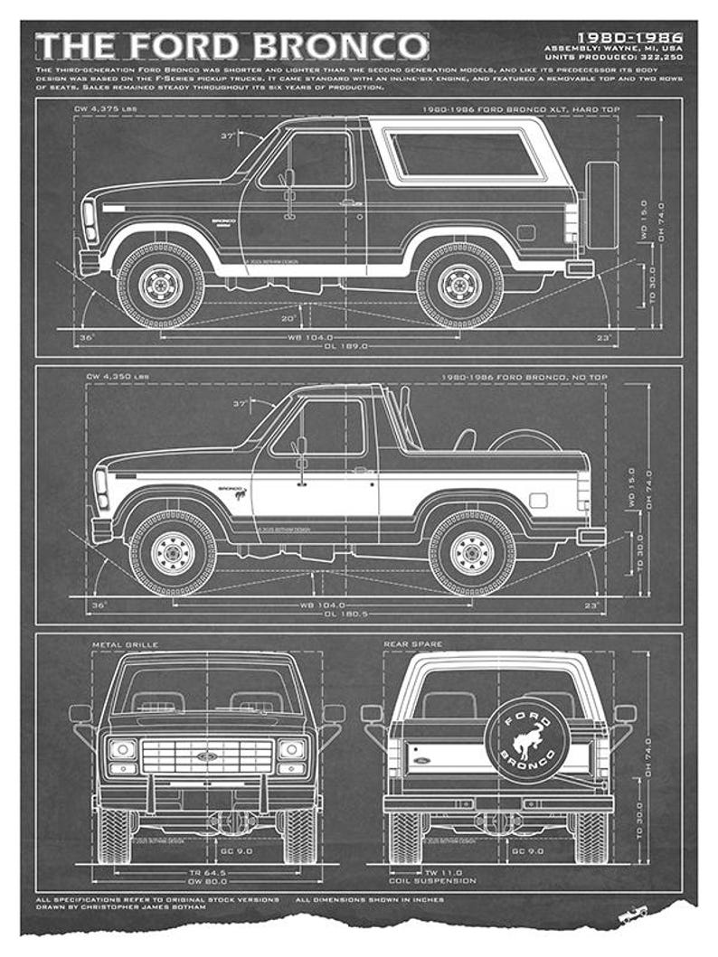 Ford Bronco Third-Gen Blueprint - Wall Print Grey
