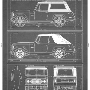 May include: Blueprint-style illustration of the C-104 Commando, a Jeep model from 1972-1973. The drawing shows the vehicle in side and front views, with hard and canvas top options. Dimensions are in inches. The text includes specifications and production details.