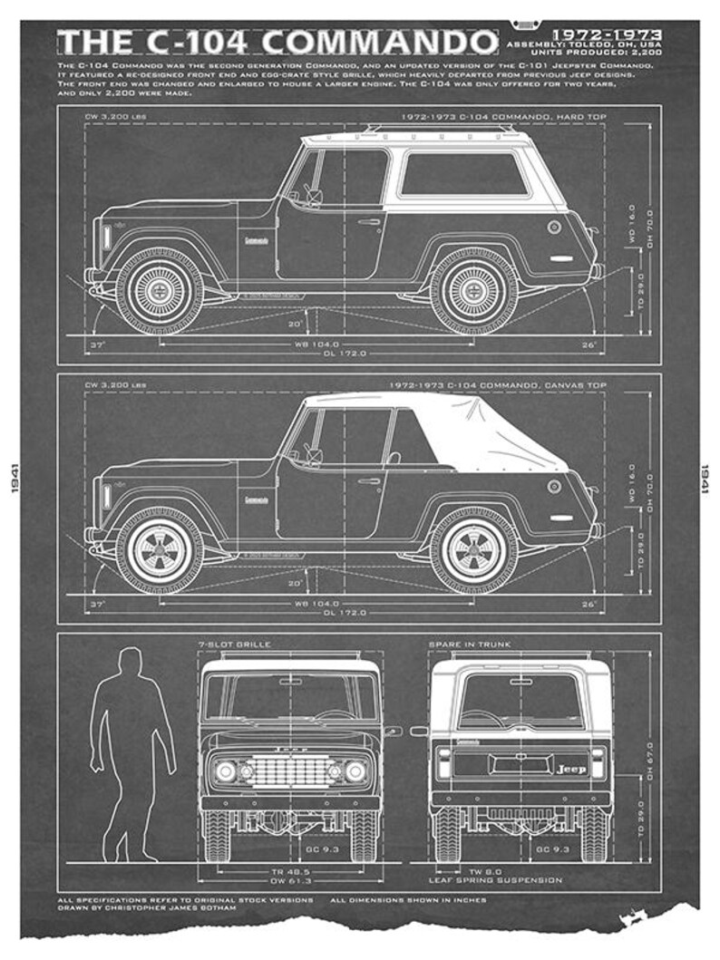 May include: Blueprint-style illustration of the C-104 Commando, a Jeep model from 1972-1973. The drawing shows the vehicle in side and front views, with hard and canvas top options. Dimensions are in inches. The text includes specifications and production details.