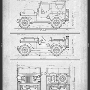 May include: A vintage blueprint print of a 1951 CJ-4M Jeep, featuring side and front views with dimensions in inches. The text includes "THE CJ-4M JEEP" and technical specifications. A classic automotive design.
