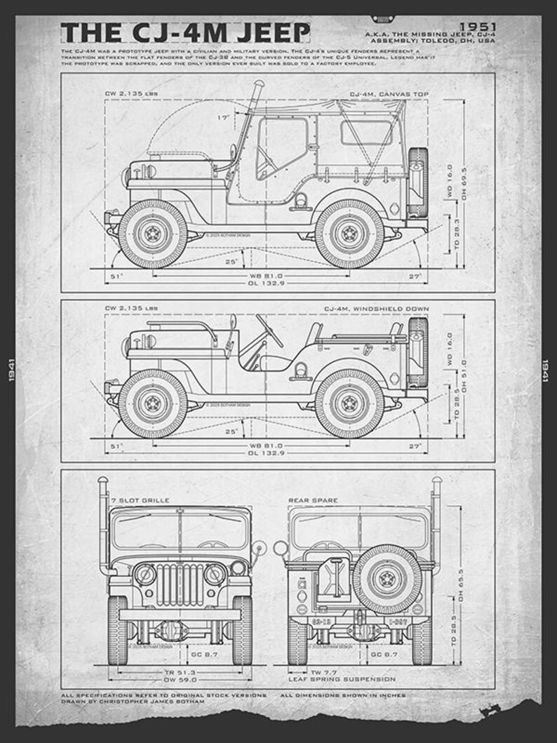 May include: A vintage blueprint print of a 1951 CJ-4M Jeep, featuring side and front views with dimensions in inches. The text includes "THE CJ-4M JEEP" and technical specifications. A classic automotive design.