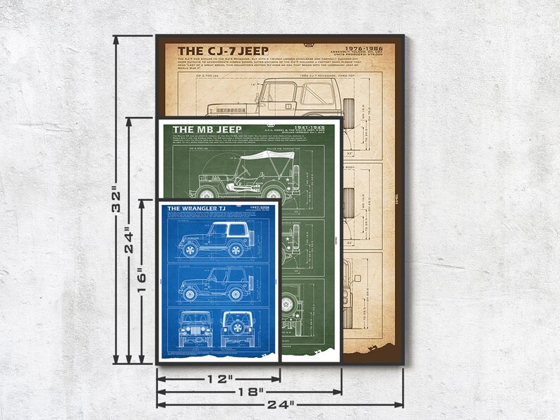 May include: A framed set of three Jeep blueprints. The largest print is 24 inches wide and 32 inches tall, featuring the CJ-7 Jeep. The middle print is green with the MB Jeep, and the smallest is blue with the Wrangler TJ.