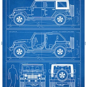 May include: A blue blueprint poster titled THE WRANGLER JKU 2007-2018 featuring technical line drawings of a Jeep Wrangler in side, front, and rear views. The print includes detailed specifications, dimensions in inches, and descriptive text.