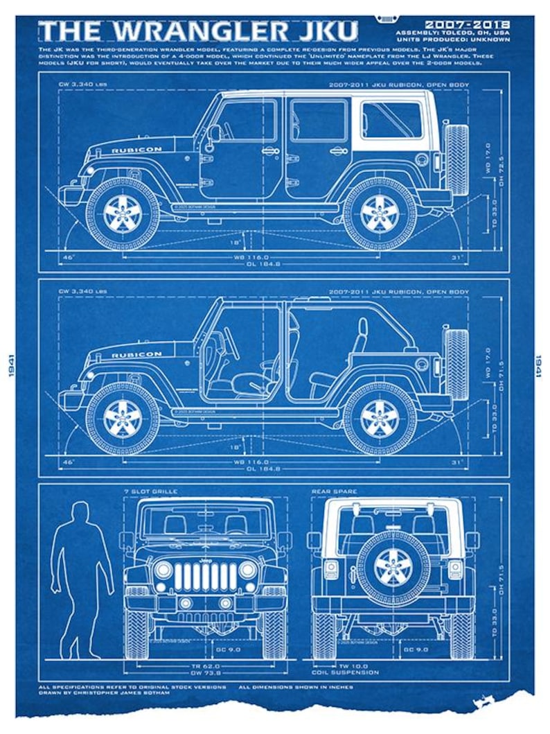 May include: A blue blueprint poster titled THE WRANGLER JKU 2007-2018 featuring technical line drawings of a Jeep Wrangler in side, front, and rear views. The print includes detailed specifications, dimensions in inches, and descriptive text.