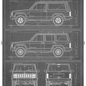 May include: A technical blueprint poster titled THE XJ CHEROKEE 1984-2002 featuring white line drawings of the vehicle on a dark gray background. It displays side profiles of 2-door and 4-door models, plus front and rear views with technical specifications in inches.