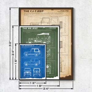 May include: A framed set of three Jeep blueprints. The largest print is 61 cm wide and 81 cm tall, featuring the CJ-7 Jeep. The middle print is green with the MB Jeep, and the smallest is blue with the Wrangler TJ.