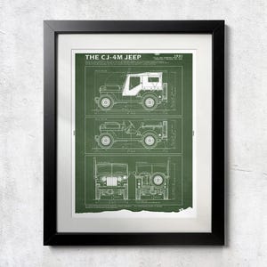 May include: Framed print of a 1981 CJ-4M Jeep blueprint. The print shows three views of the vehicle in white lines on a green background. The print is in a black frame and is displayed against a textured white wall.