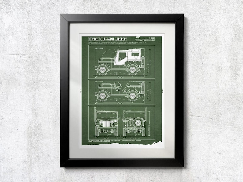 May include: Framed print of a 1981 CJ-4M Jeep blueprint. The print shows three views of the vehicle in white lines on a green background. The print is in a black frame and is displayed against a textured white wall.