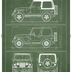 May include: A green technical blueprint poster titled The Wrangler TJ 1997-2006. It displays side, front, and rear line drawings of Jeep Wrangler models with technical specifications, dimensions in inches, and descriptive text about the vehicle.