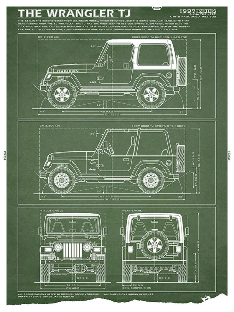 May include: A green technical blueprint poster titled The Wrangler TJ 1997-2006. It displays side, front, and rear line drawings of Jeep Wrangler models with technical specifications, dimensions in inches, and descriptive text about the vehicle.