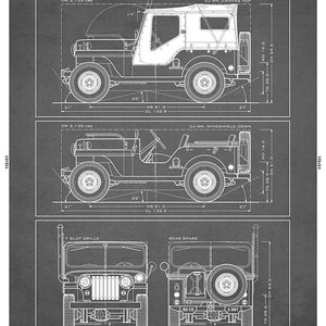May include: Blueprint of the CJ-4M Jeep, a prototype with civilian and military versions. The image shows side and front views with dimensions in inches. The text includes the year 1951 and the assembly location in Toledo, OH, USA.