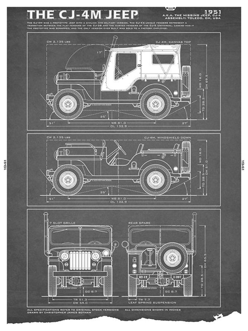 May include: Blueprint of the CJ-4M Jeep, a prototype with civilian and military versions. The image shows side and front views with dimensions in inches. The text includes the year 1951 and the assembly location in Toledo, OH, USA.