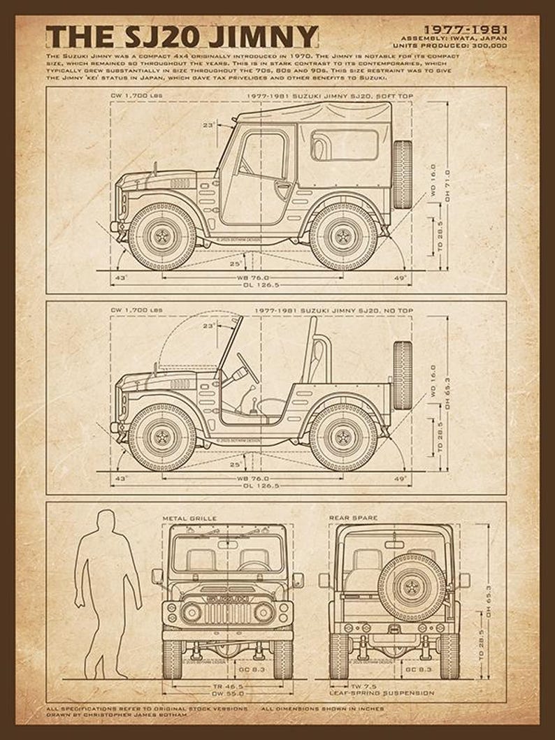 Suzuki LJ80 / SJ20 Jimny Blueprint - Wall Print Parchment