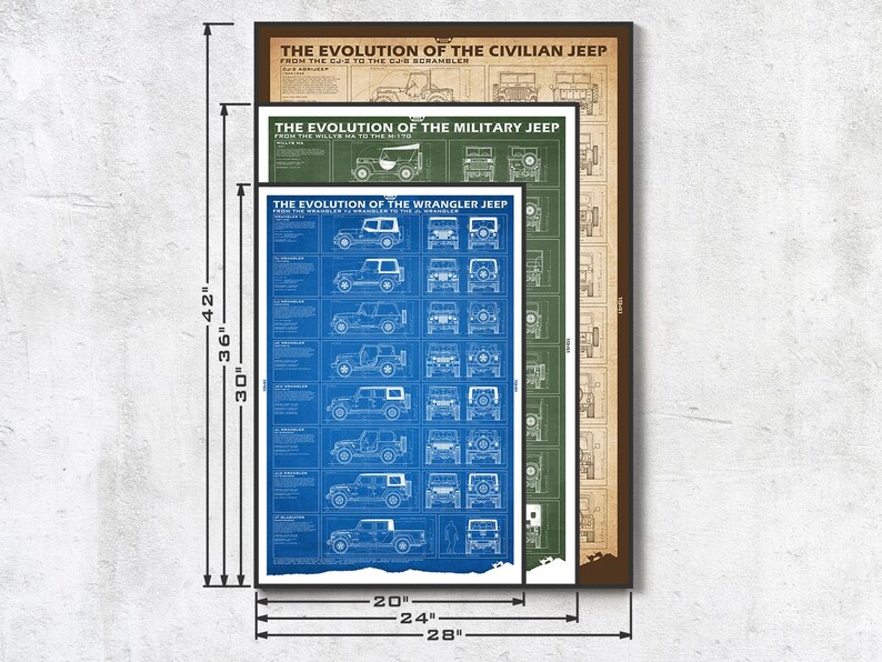 May include: Three framed prints showcasing the evolution of the Jeep. The largest is 28 inches wide and 42 inches tall, with text "THE EVOLUTION OF THE CIVILIAN JEEP". The middle print is 24 inches wide and 36 inches tall. The smallest is 20 inches wide and 30 inches tall.