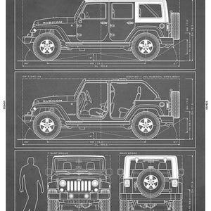 May include: A technical blueprint poster titled THE WRANGLER JKU 2007-2018. It displays side, front, and rear views of a Jeep Wrangler with technical specifications, dimensions in inches, and descriptive text on a dark gray background.